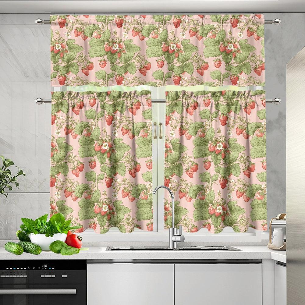 Kawaii Strawberry cottagecore Kitchen Curtain Valance Tiers Set | Sense Forest - sense forest