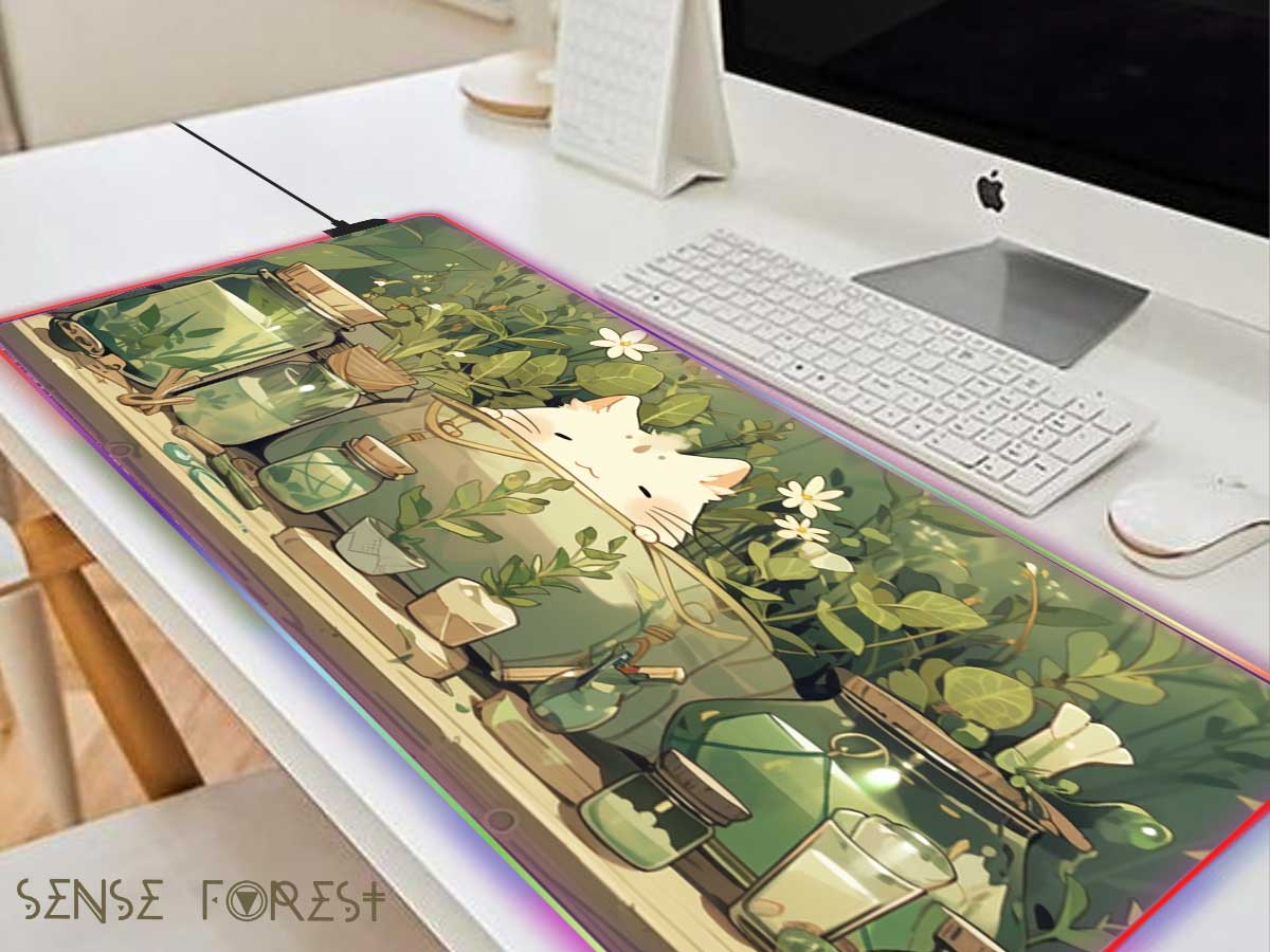 Kawaii witchy cat anime green desk mat, Green witch witchcraft mousepad | Sense Forest - sense forest