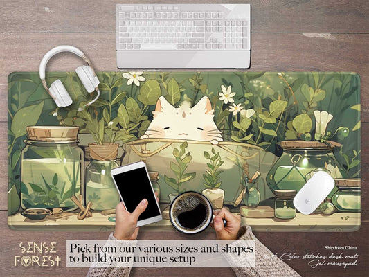 Kawaii witchy cat anime green desk mat, Green witch witchcraft mousepad | Sense Forest - sense forest