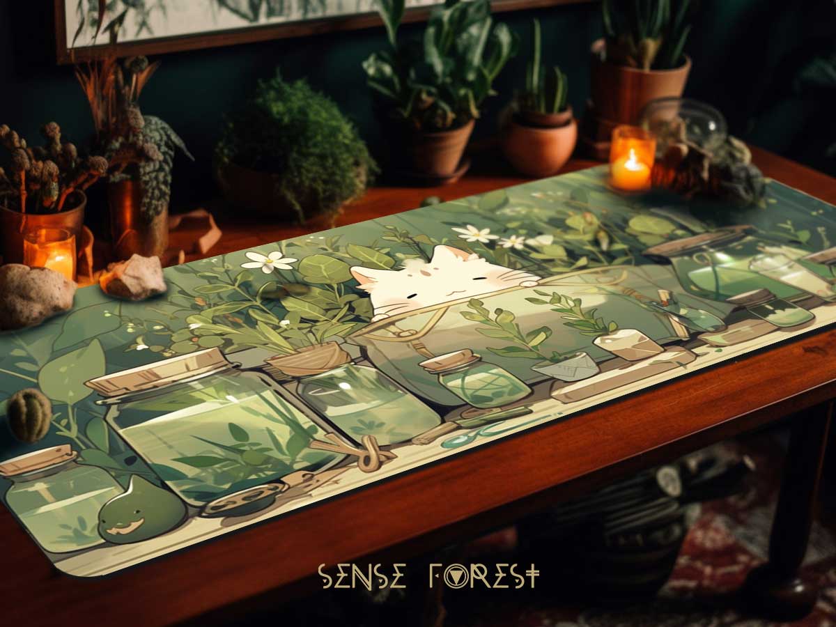 Kawaii witchy cat anime green desk mat, Green witch witchcraft mousepad | Sense Forest - sense forest