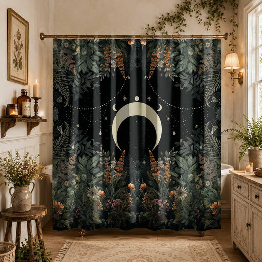 Lush Fern Forest Big Moon phase Dark Cottagecore Witch Shower Curtain | Sense Forest - sense forest