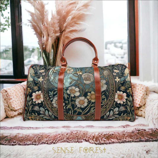 Maximalist Cottagecore Daisy Teal Botanical Travel Duffle Bag | Sense Forest - sense forest