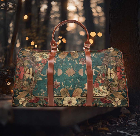 Maximalist Cottagecore Moon Teal floral Travel Duffle Bag | Sense Forest - sense forest