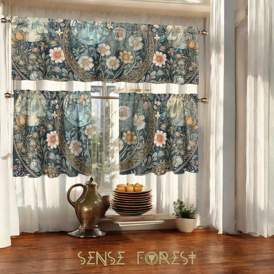 Maximalist daisy triple moon Teal Kitchen Curtain Valance Tiers Set | Sense Forest - sense forest