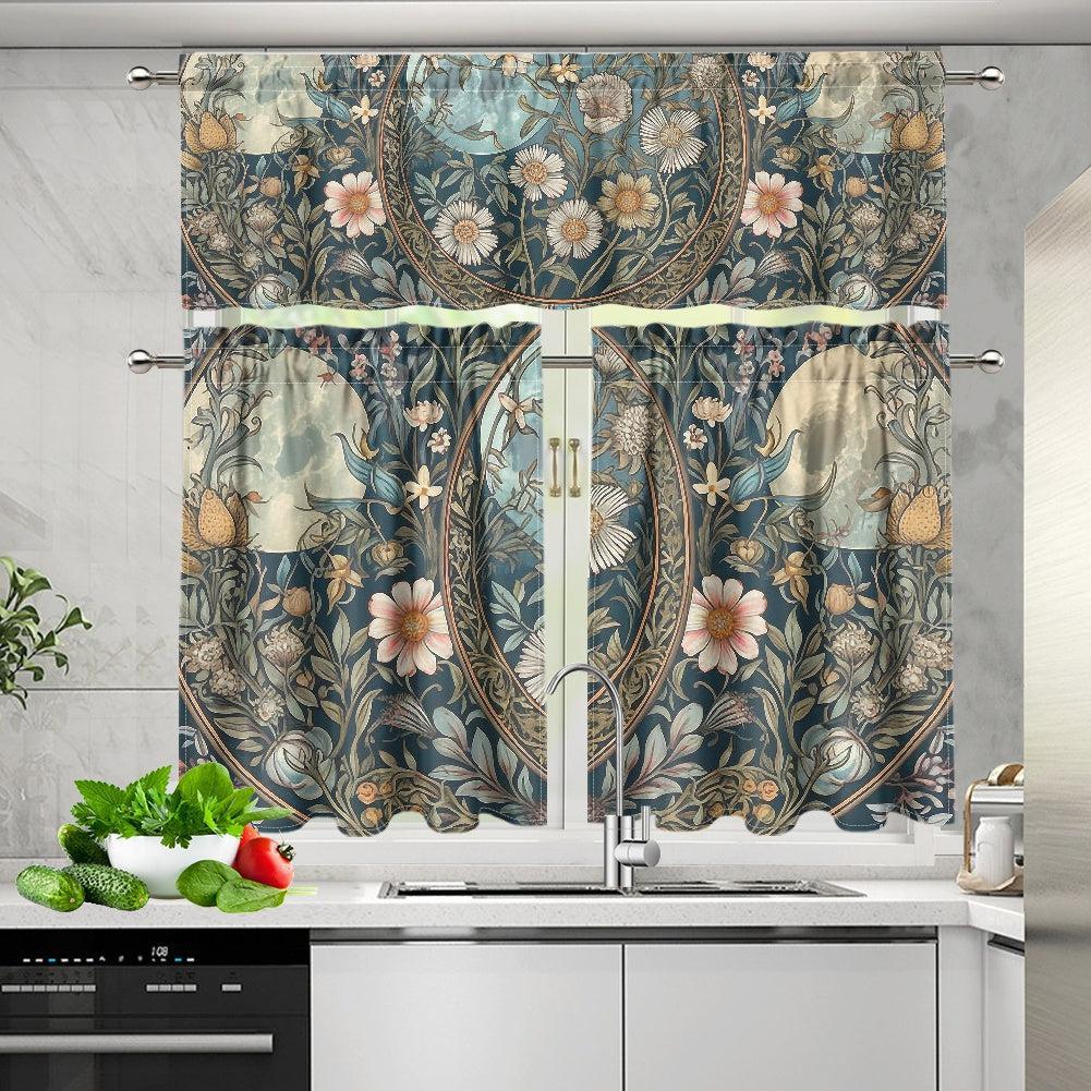 Maximalist daisy triple moon Teal Kitchen Curtain Valance Tiers Set | Sense Forest - sense forest