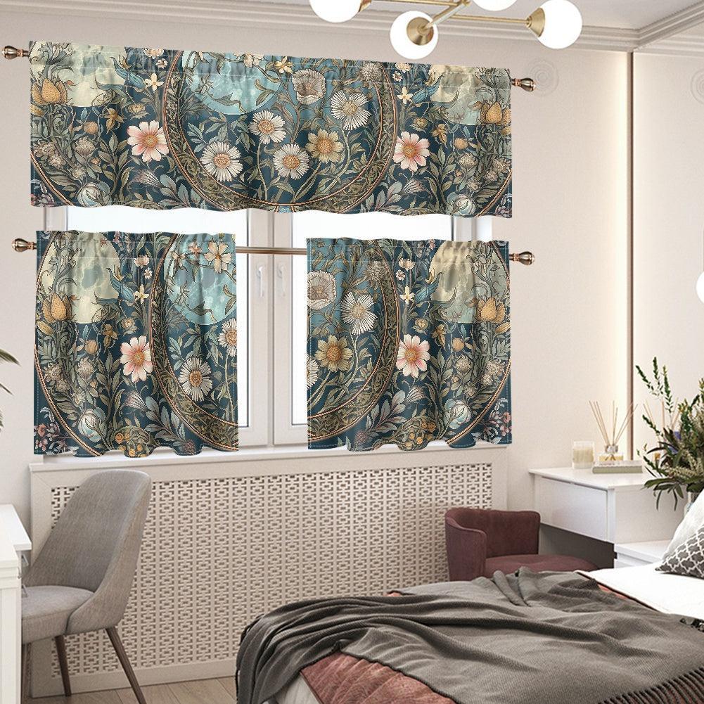 Maximalist daisy triple moon Teal Kitchen Curtain Valance Tiers Set | Sense Forest - sense forest
