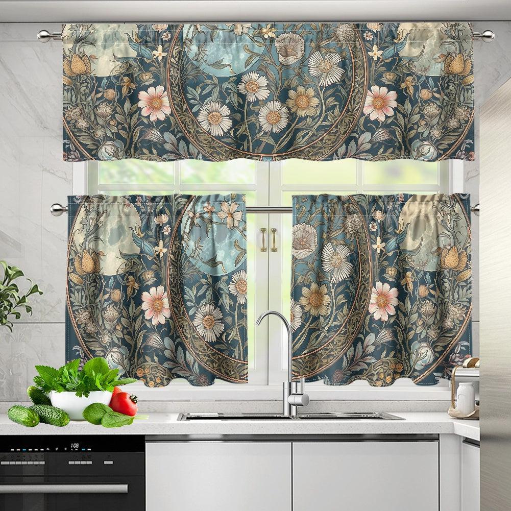 Maximalist daisy triple moon Teal Kitchen Curtain Valance Tiers Set | Sense Forest - sense forest