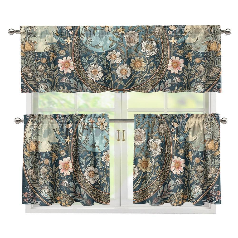 Maximalist daisy triple moon Teal Kitchen Curtain Valance Tiers Set | Sense Forest - sense forest