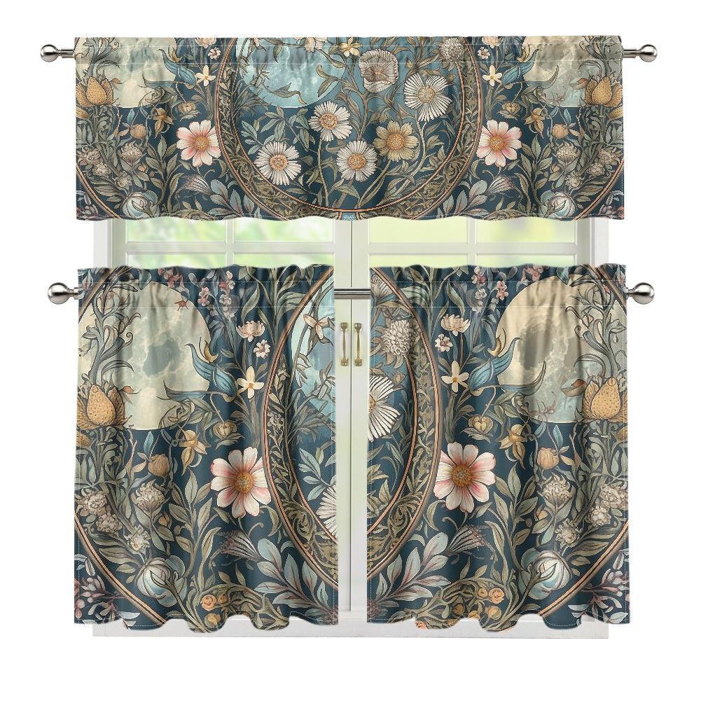 Maximalist daisy triple moon Teal Kitchen Curtain Valance Tiers Set | Sense Forest - sense forest