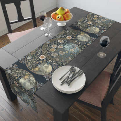 Maximalist Teal green wildflower Daisy moon dinner table runner - sense forest