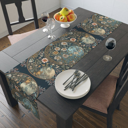 Maximalist Teal green wildflower Daisy moon dinner table runner - sense forest