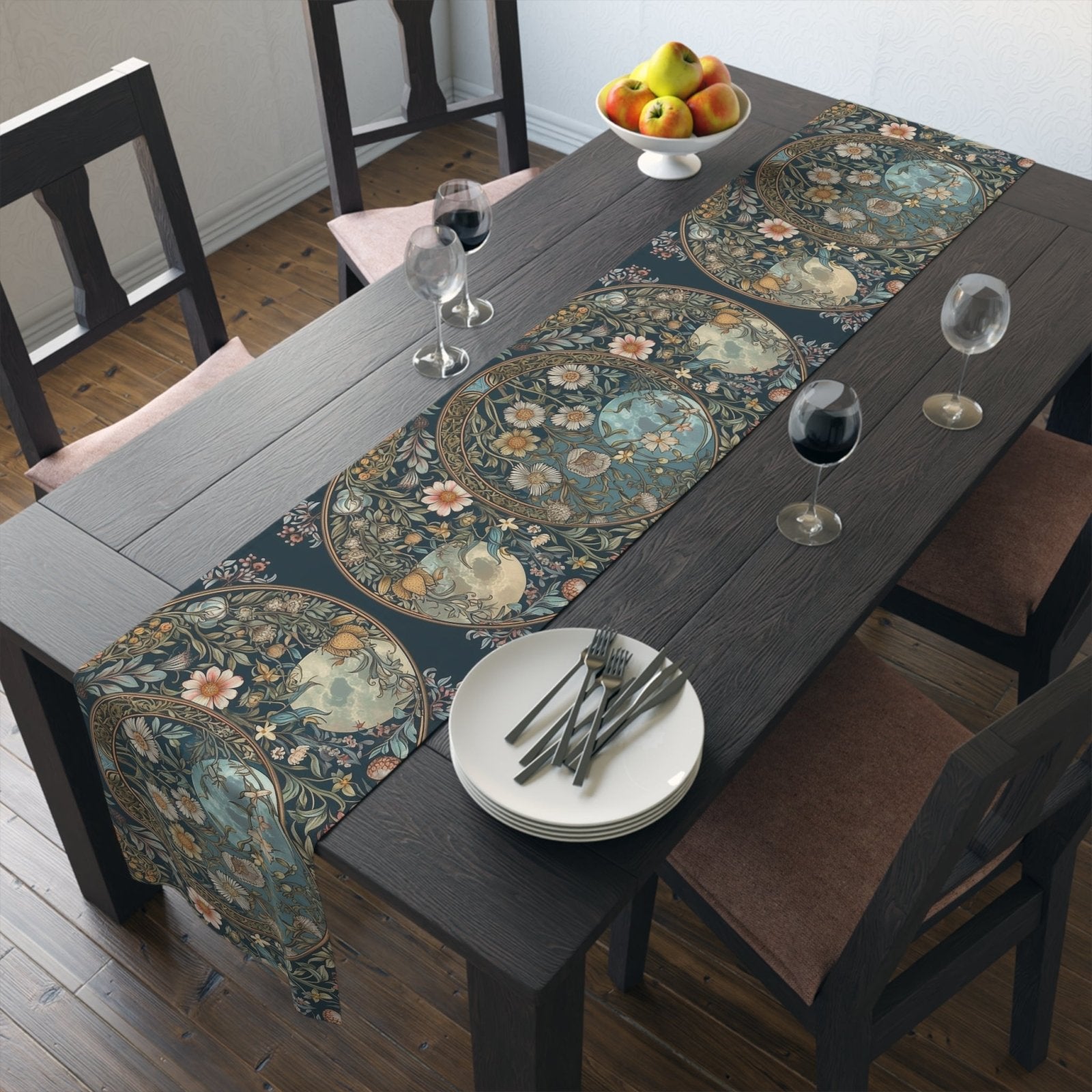 Maximalist Teal green wildflower Daisy moon dinner table runner - sense forest