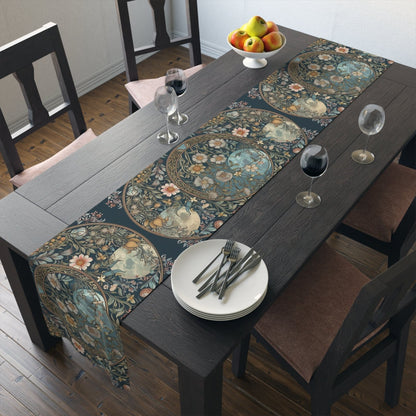 Maximalist Teal green wildflower Daisy moon dinner table runner - sense forest