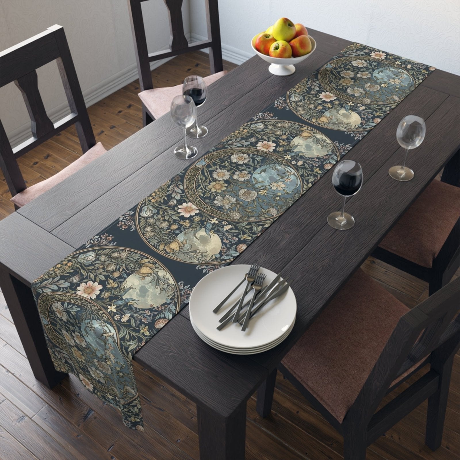 Maximalist Teal green wildflower Daisy moon dinner table runner - sense forest