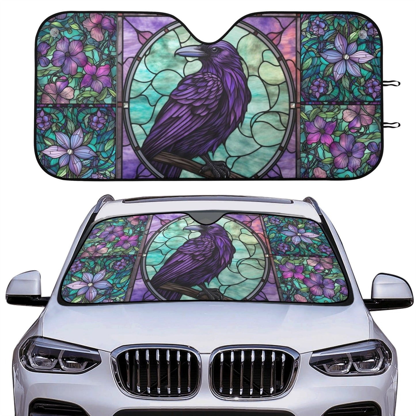Mediaval Goth Stained Glass Crow Car windshield Sun Shade - sense forest