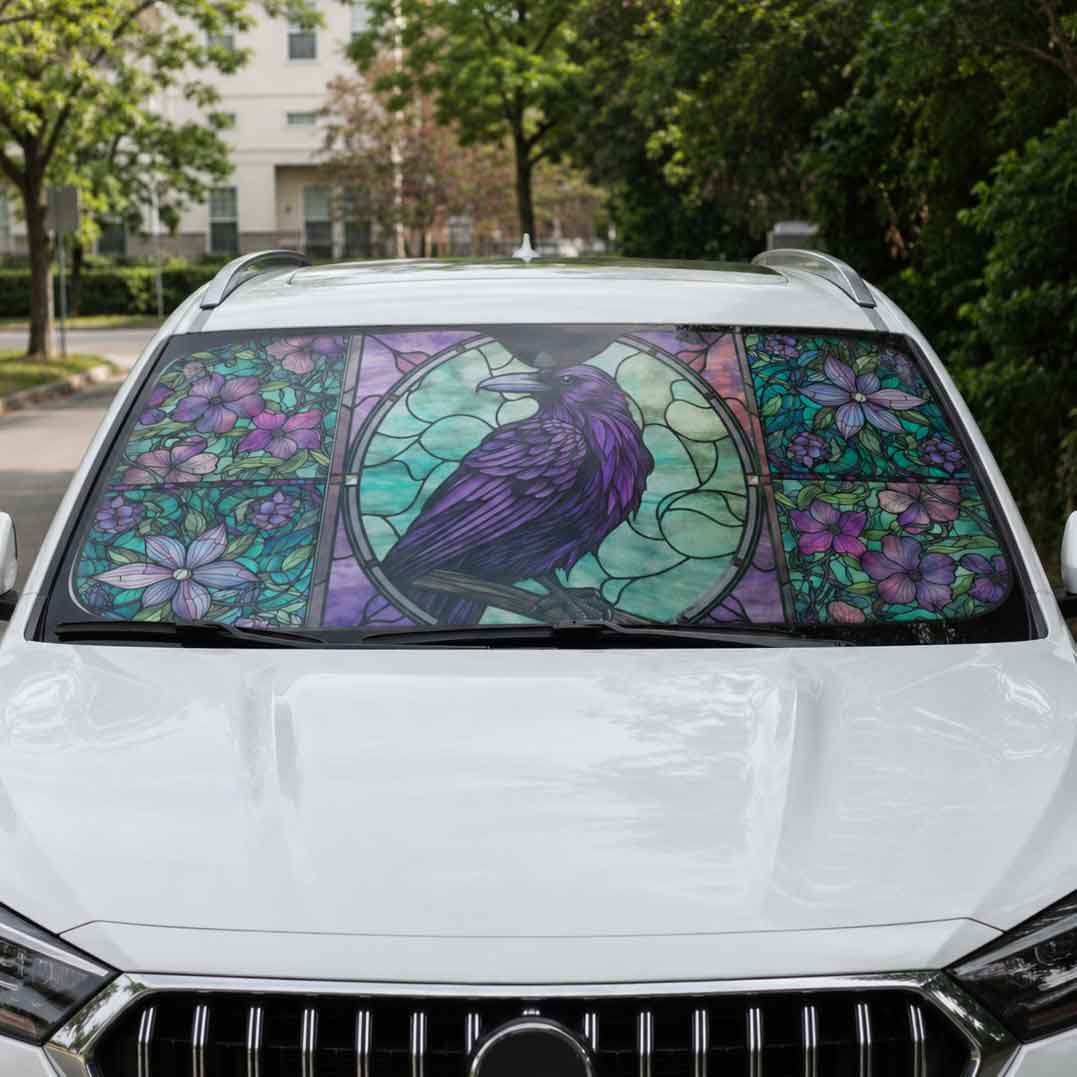 Mediaval Goth Stained Glass Crow Car windshield Sun Shade - sense forest