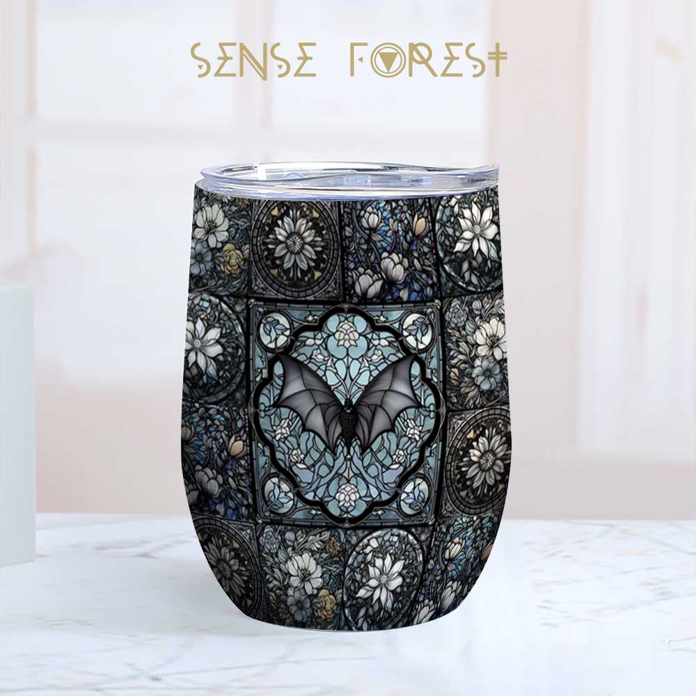 Medieval Goth Stained Glass Bat 12oz Stainless Steel Wine Tumbler | Sense Forest - sense forest