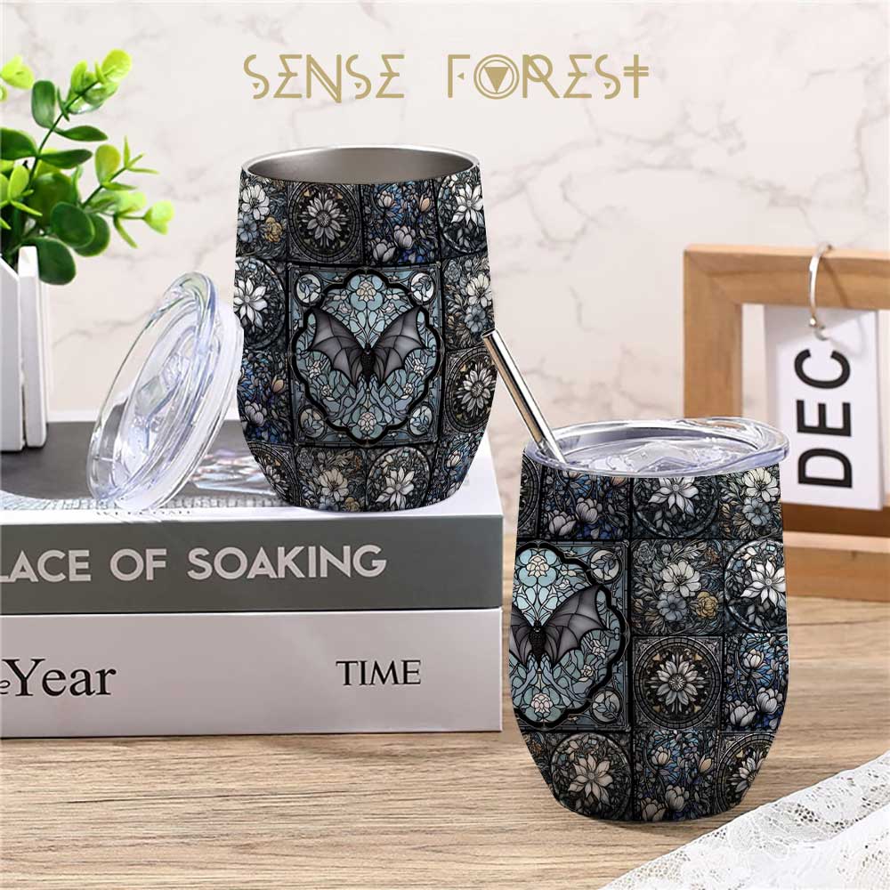 Medieval Goth Stained Glass Bat 12oz Stainless Steel Wine Tumbler | Sense Forest - sense forest