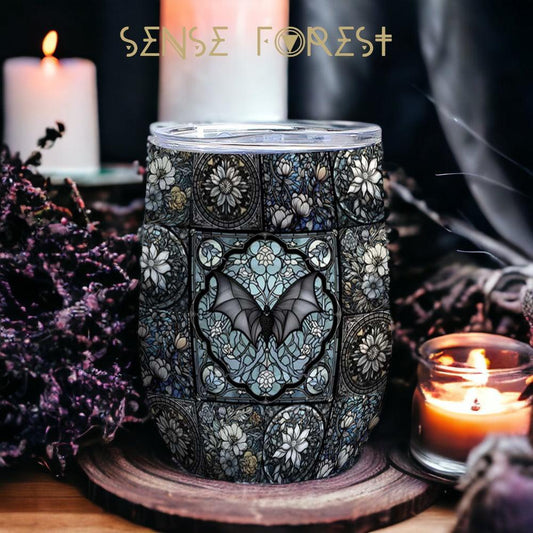 Medieval Goth Stained Glass Bat 12oz Stainless Steel Wine Tumbler | Sense Forest - sense forest