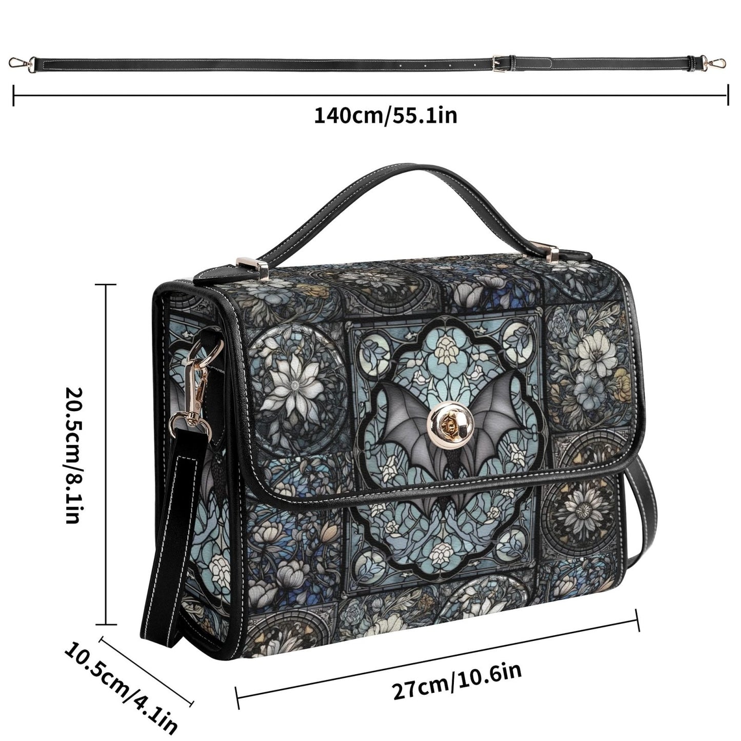 Medieval Goth Stained Glass Bat Vegan Leather Satchel Bag - sense forest