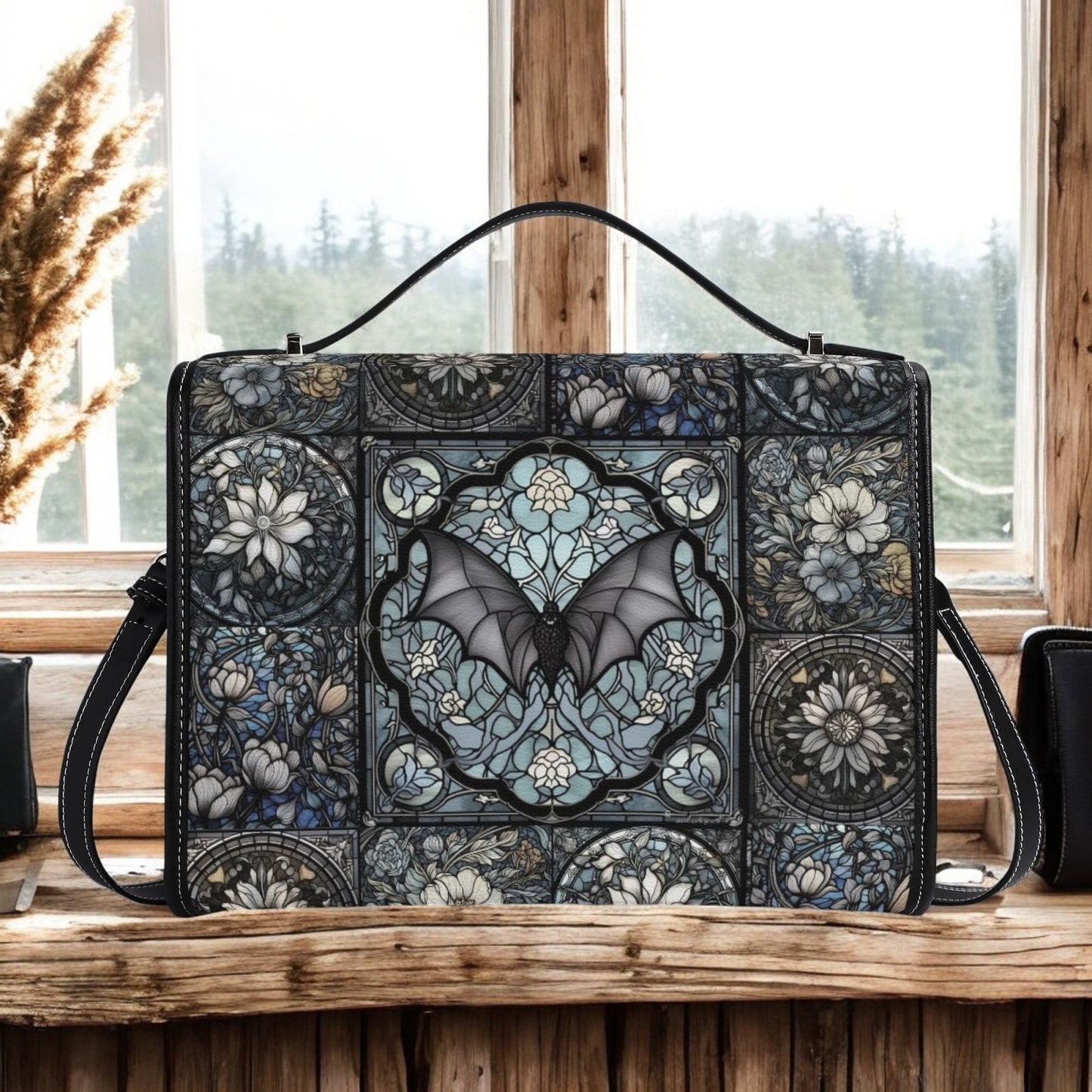 Medieval Goth Stained Glass Bat Vegan Leather Satchel Bag - sense forest