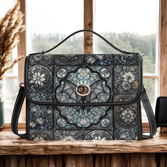 Medieval Goth Stained Glass Bat Vegan Leather Satchel Bag - sense forest