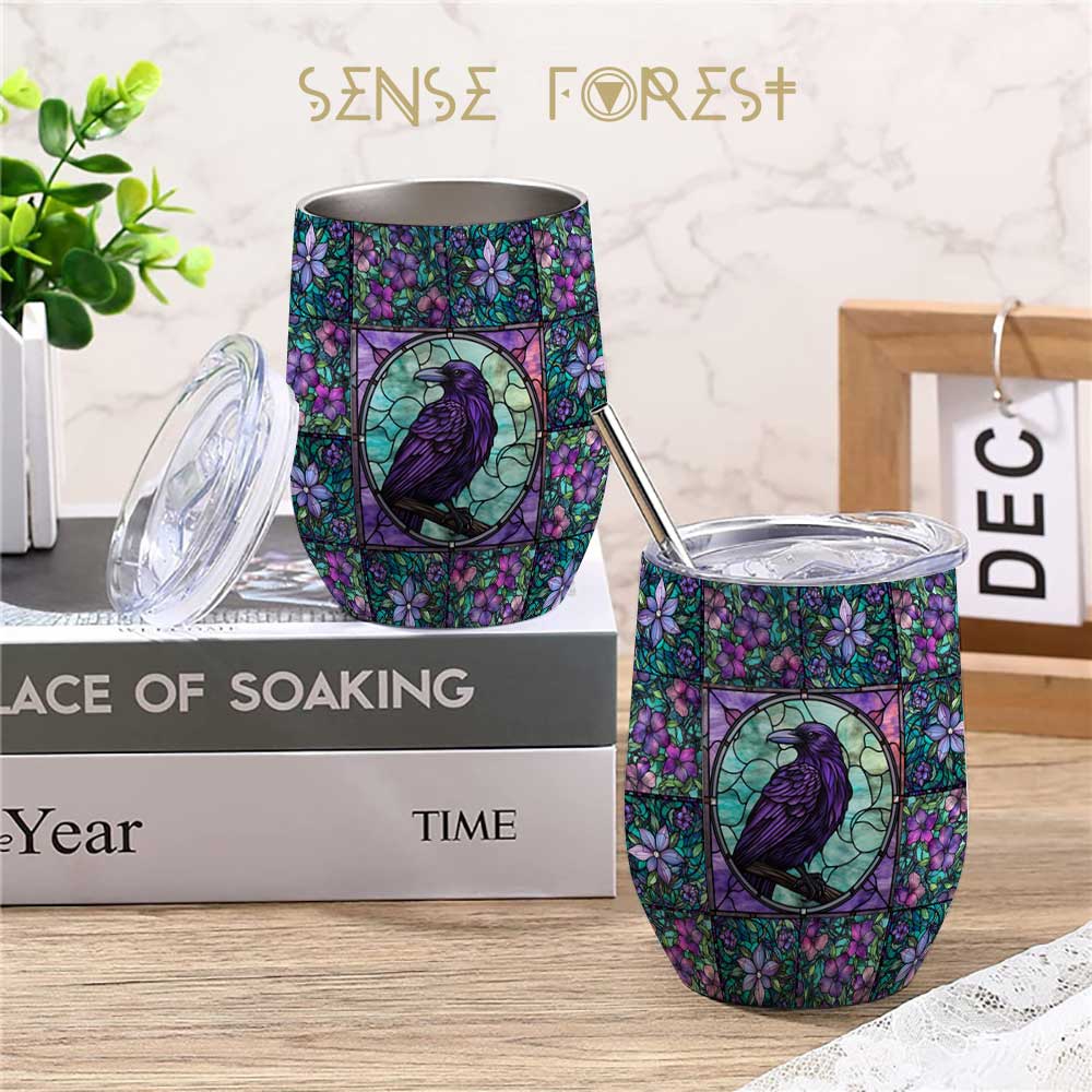 Medieval Goth Stained Glass Raven 12oz Stainless Steel Wine Tumbler | Sense Forest - sense forest