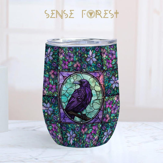 Medieval Goth Stained Glass Raven 12oz Stainless Steel Wine Tumbler | Sense Forest - sense forest