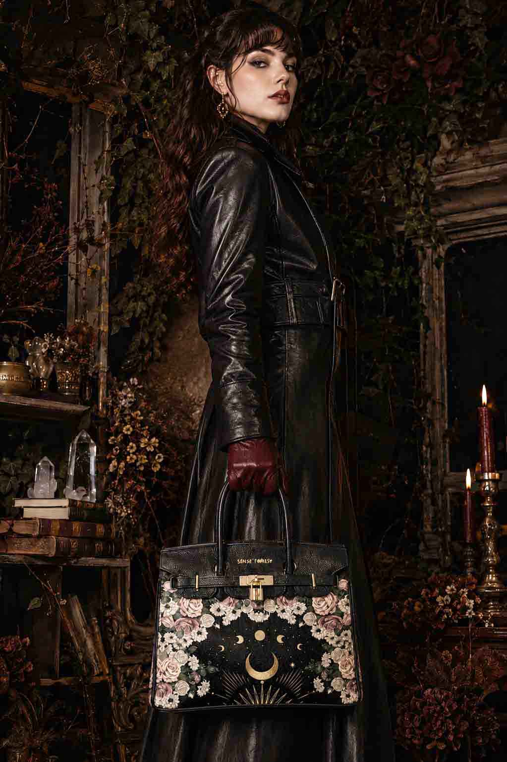 Woman in a dark coat holding a moon rose bag in a mystical setting