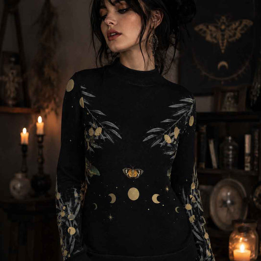 Moonlit Olive Moth Dark Cottagecore Long Sleeve Top - sense forest