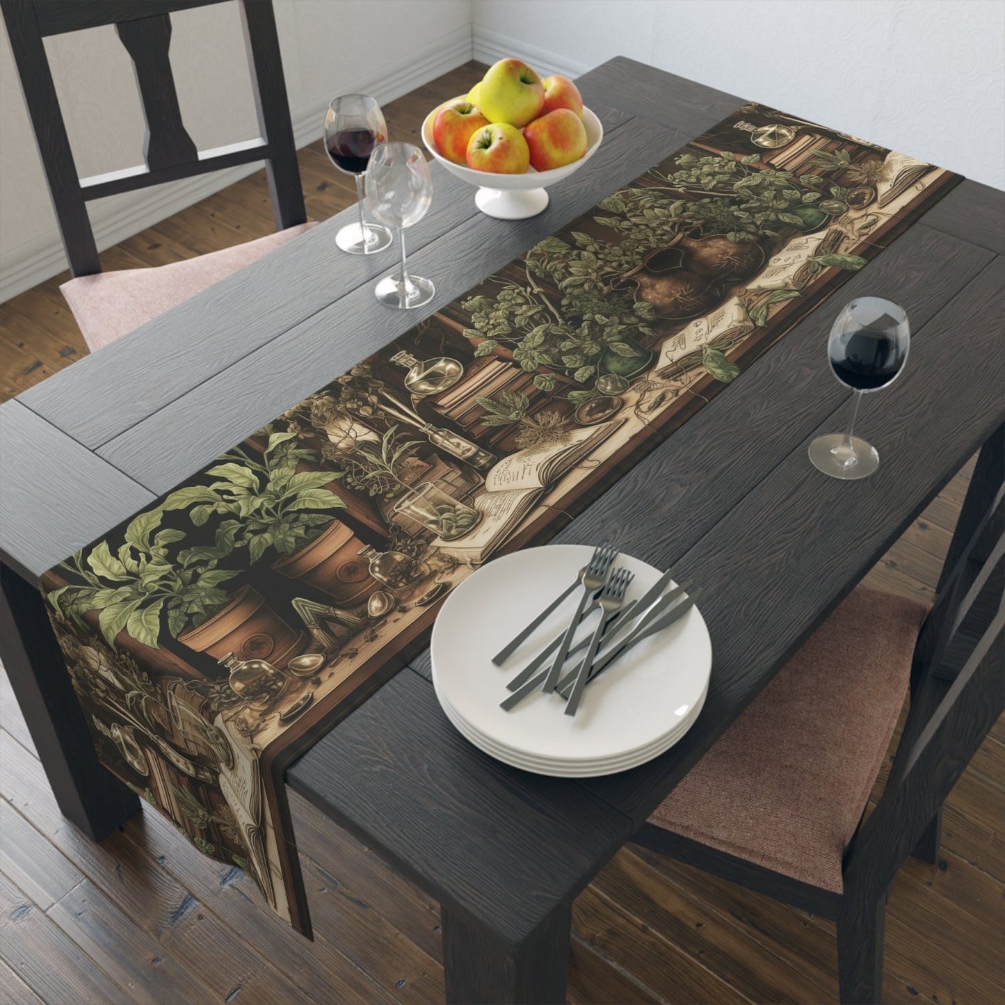 Olive Green Plant lover dinner table runner cloth, Dark academia dinning room home decor, Cottagecore Table Runner housewarming gift - sense forest