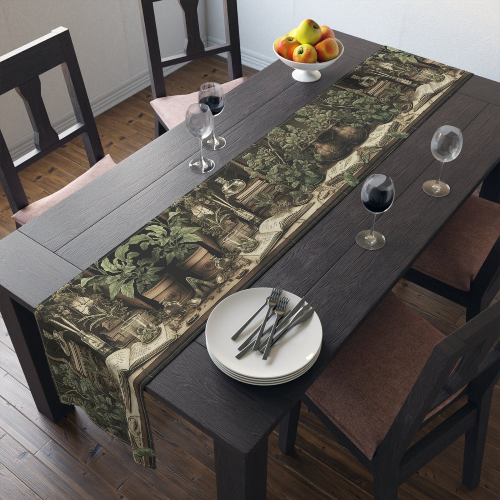 Olive Green Plant lover dinner table runner cloth, Dark academia dinning room home decor, Cottagecore Table Runner housewarming gift - sense forest