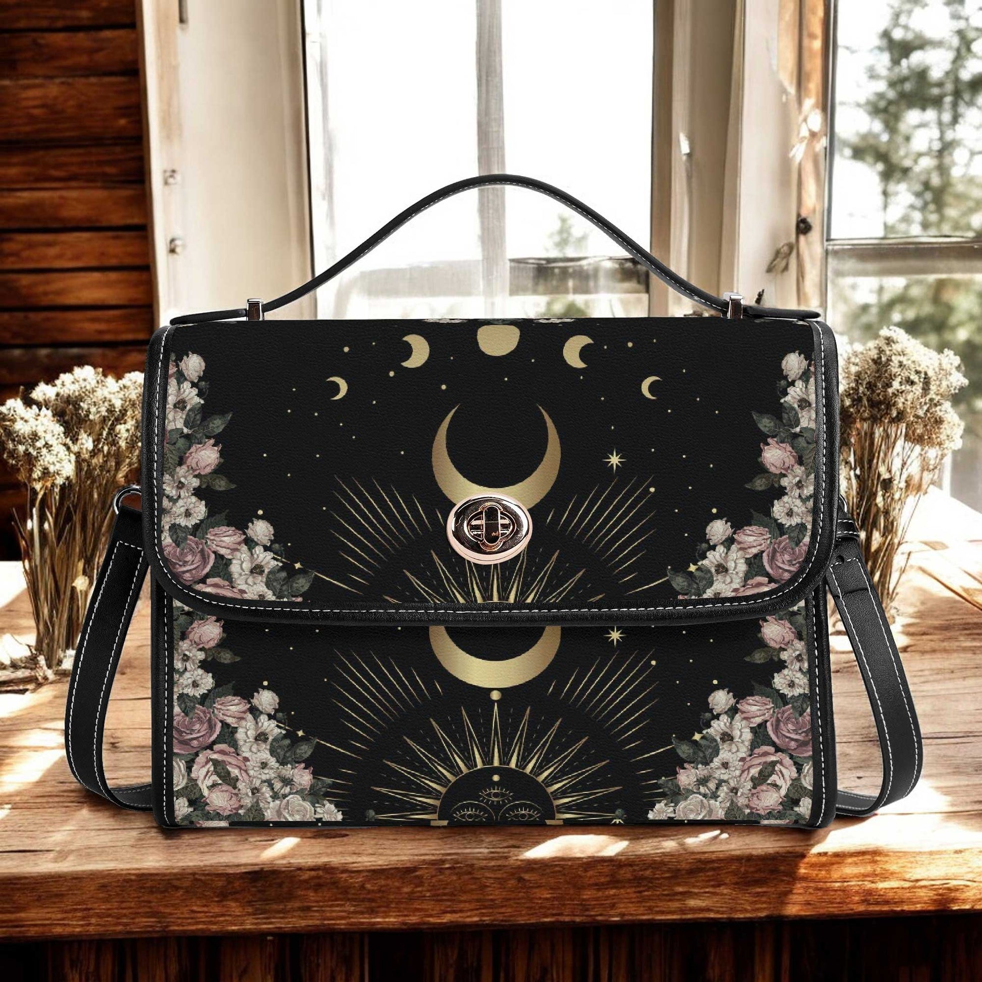 Pale Rose Moon Phase Witchy Vegan Leather satchel bag by Sense Forest