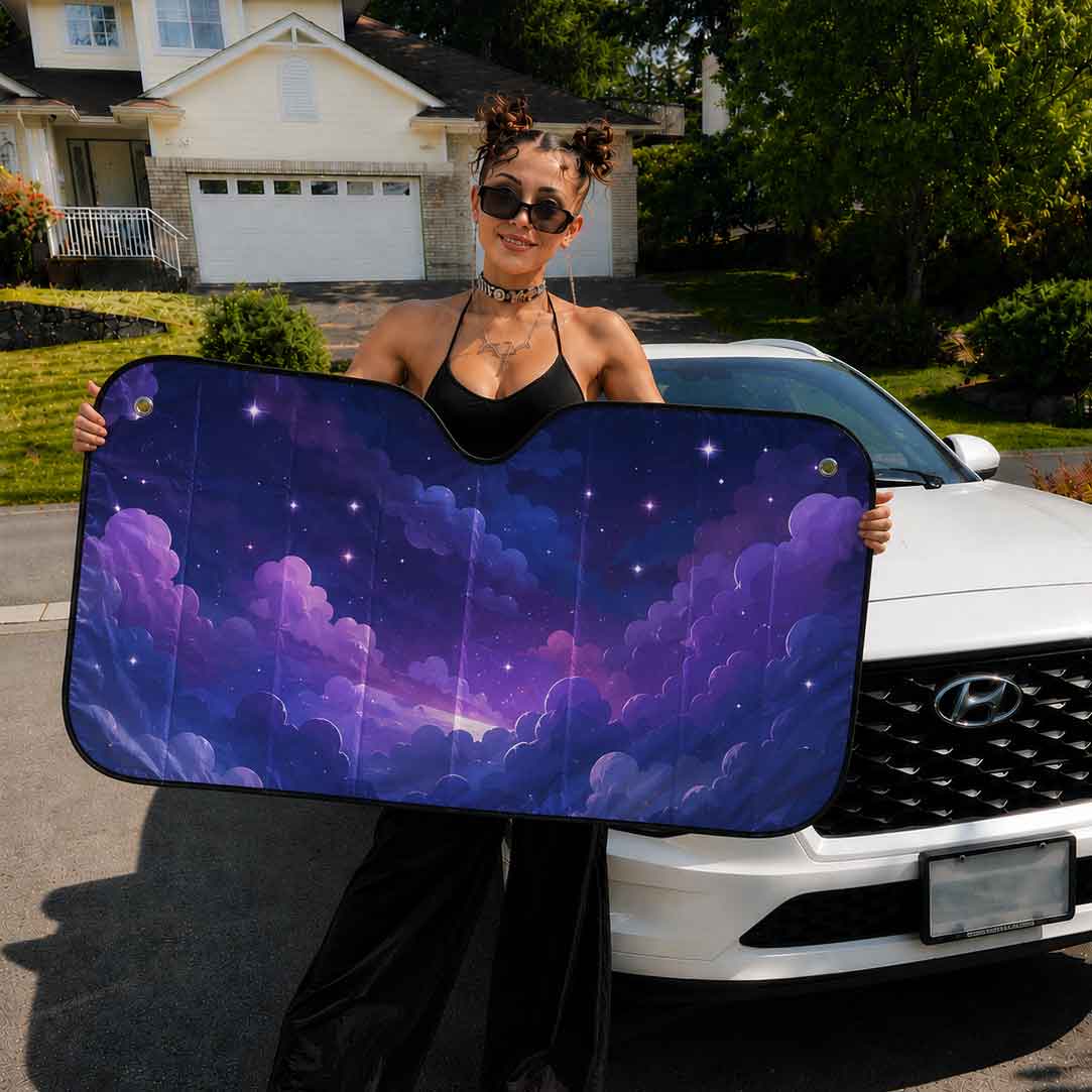 Purple Whimsical Sky Car Windshield Sun Shade - sense forest