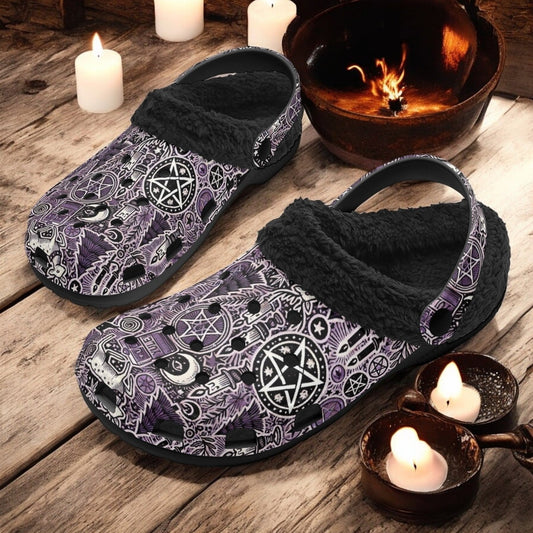 Purple Yule Pagan Christmas Slip On Clogs fur lined home slippers - sense forest
