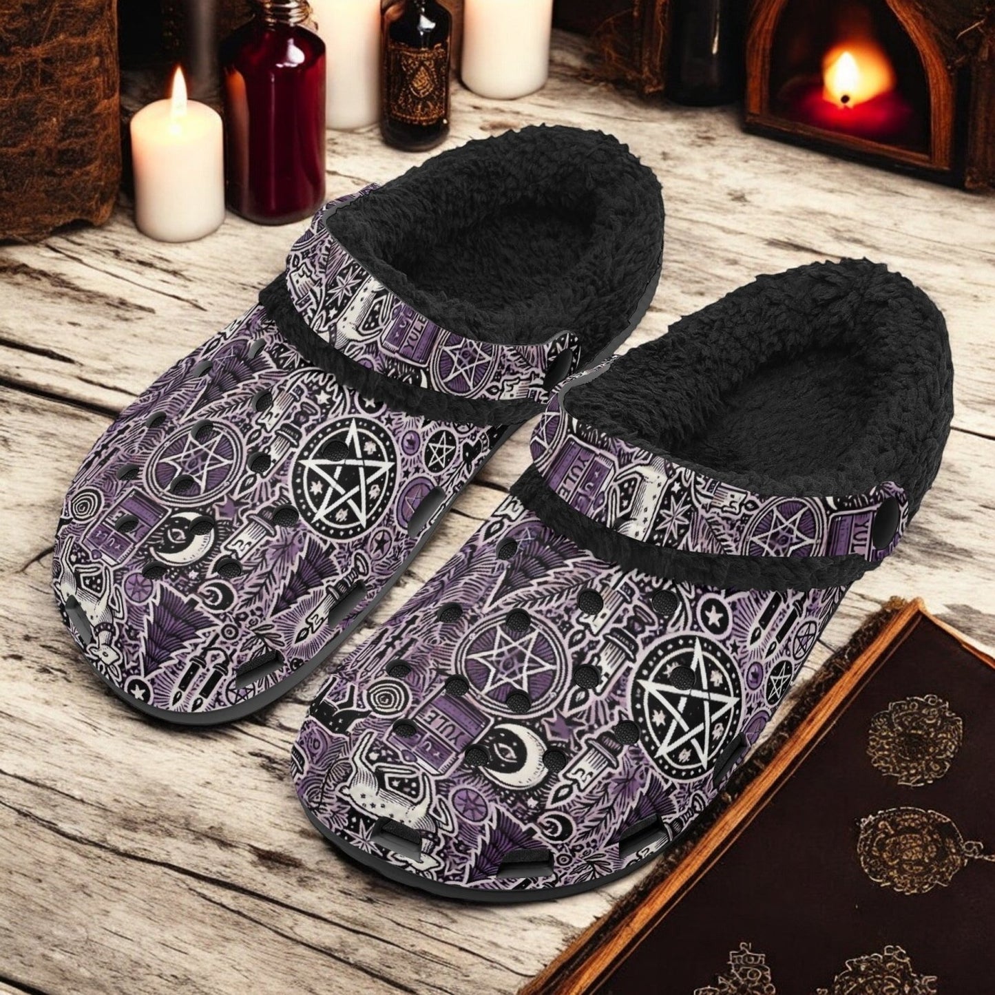 Purple Yule Pagan Christmas Slip On Clogs fur lined home slippers - sense forest