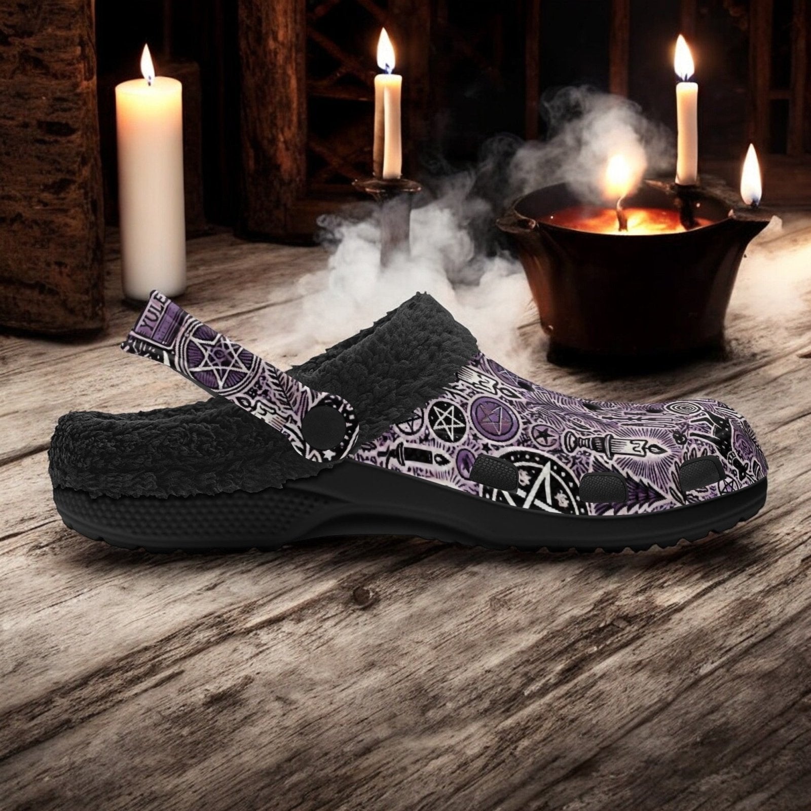 Purple Yule Pagan Christmas Slip On Clogs fur lined home slippers - sense forest