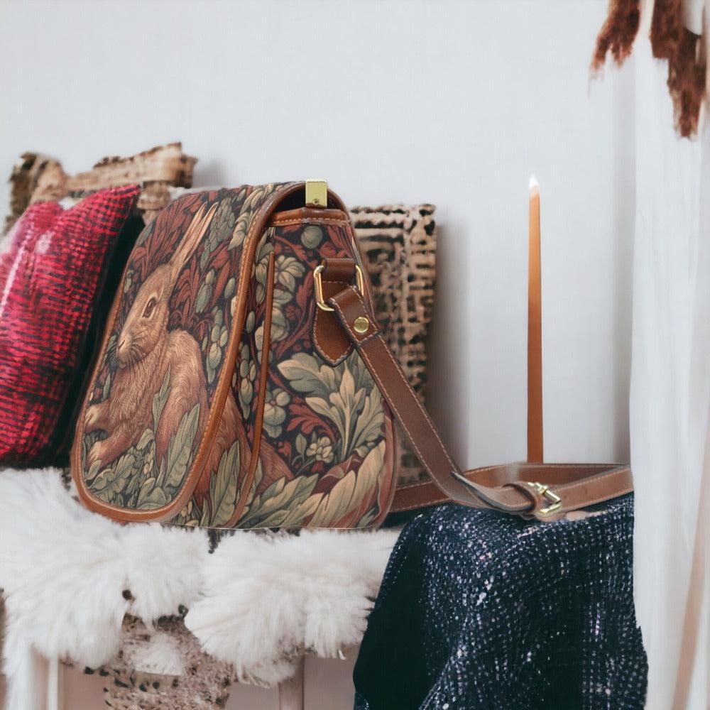 Retro Red Botanical Rabbit Canvas Saddle Bag | Sense Forest - sense forest
