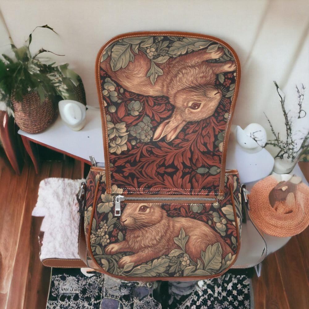 Retro Red Botanical Rabbit Canvas Saddle Bag | Sense Forest - sense forest
