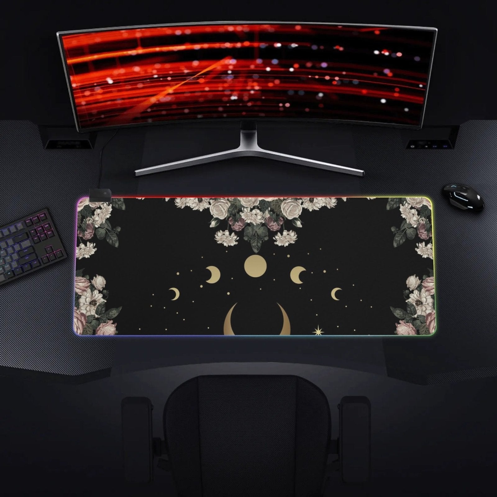 Rose Moon Witchy Style RGB Mouse Pad - Waterproof & Easy to Clean for Gamers - sense forest