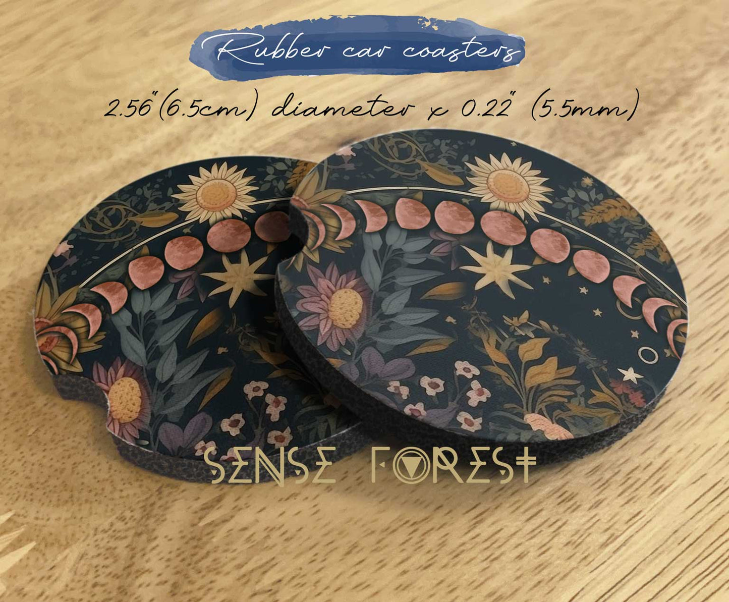 Red moon phase botanical celestial rubber car coaster