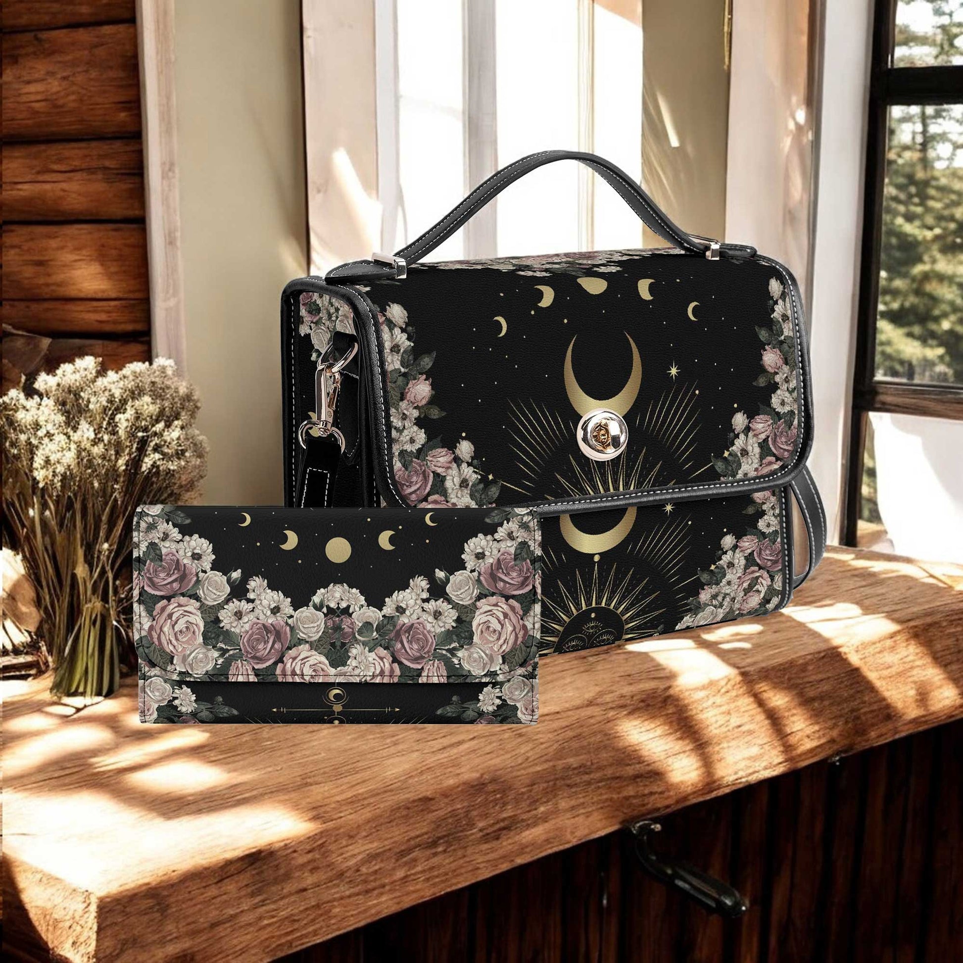 Pale Rose Moon Phase Witchy Vegan Leather satchel bag and wallet set by Sense Forest