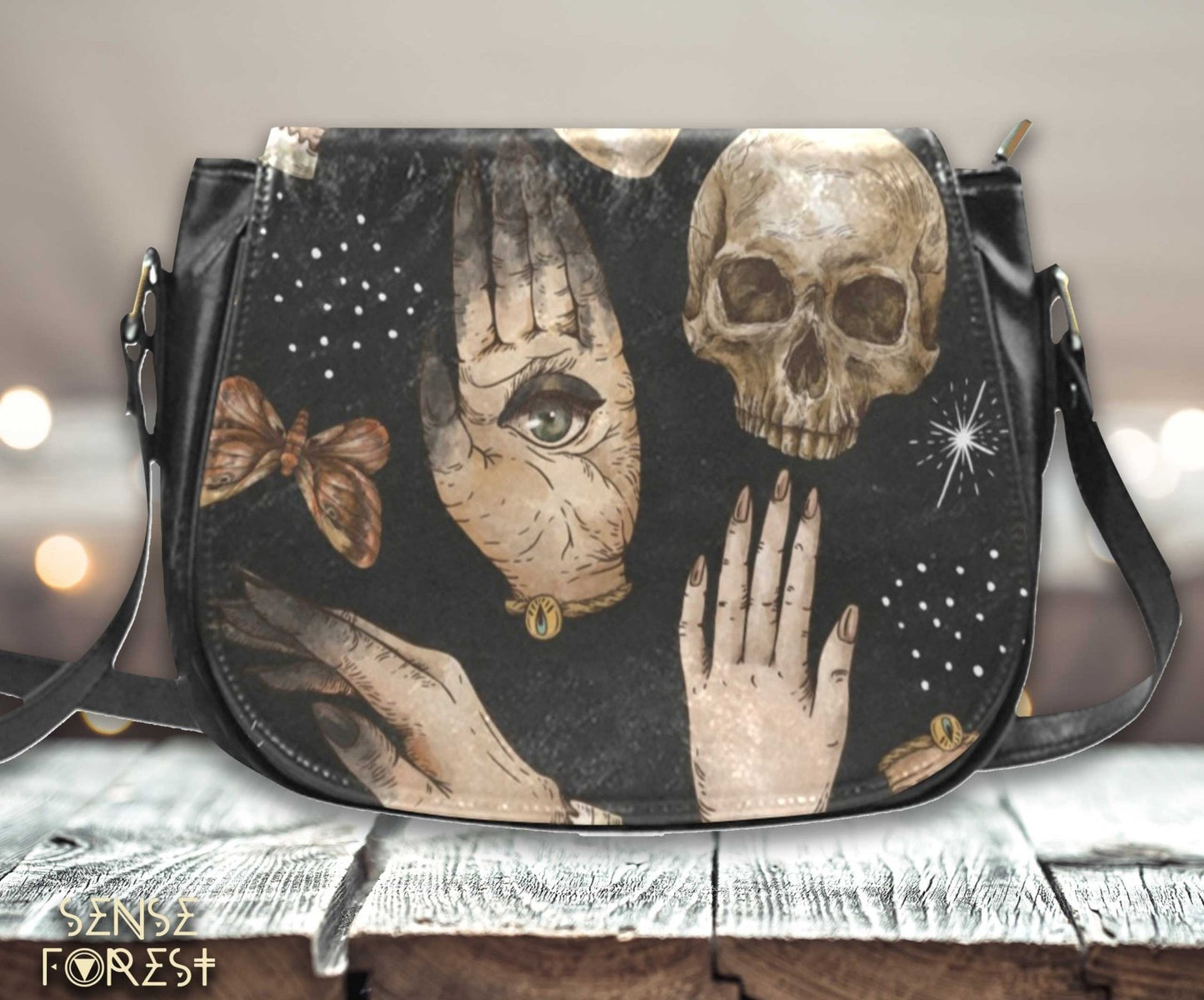 Skull moth mushroom Vegan leather Classic crossbody Saddle Bag - sense forest