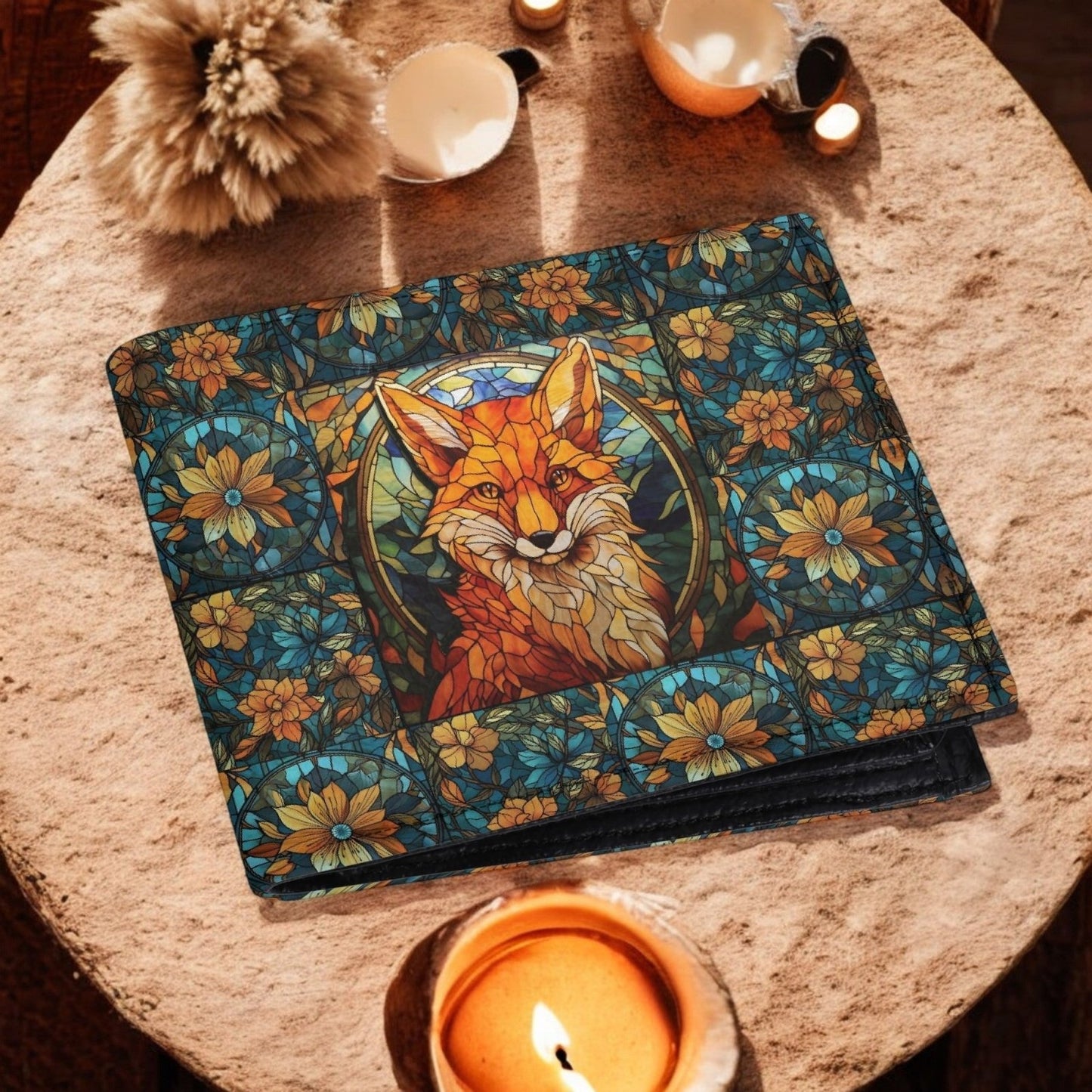 Stained glass Forest Fox Vegan Leather Small Wallet Whimsical gift - sense forest