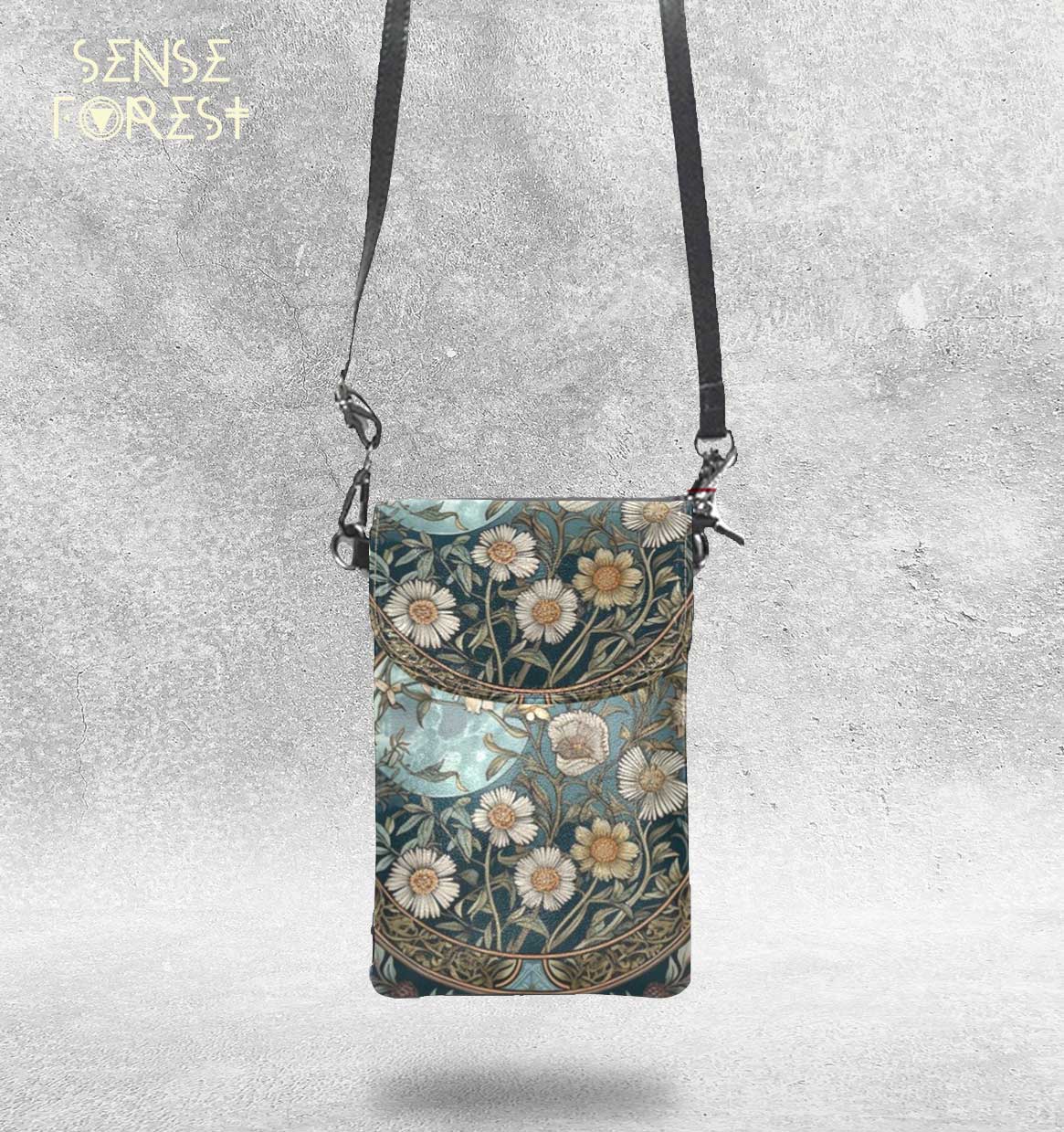 Teal green floral Vegan leather phone purse - sense forest