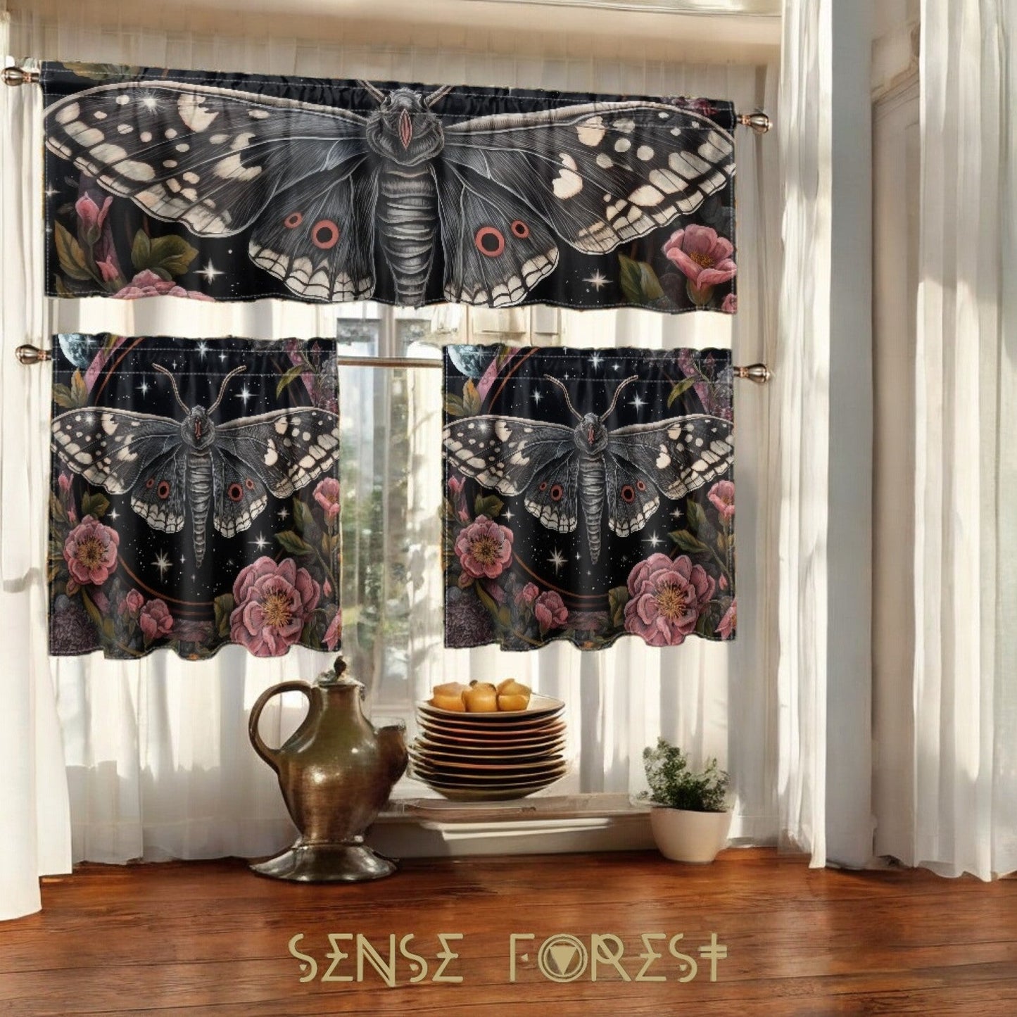 Whimsical Moth Peony Kitchen Curtain Valance and Tiers Set | Sense Forest - sense forest