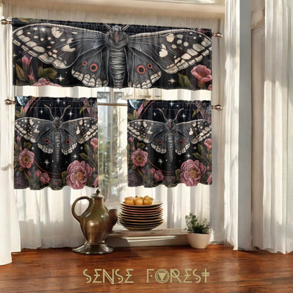 Whimsical Moth Peony Kitchen Curtain Valance and Tiers Set | Sense Forest - sense forest
