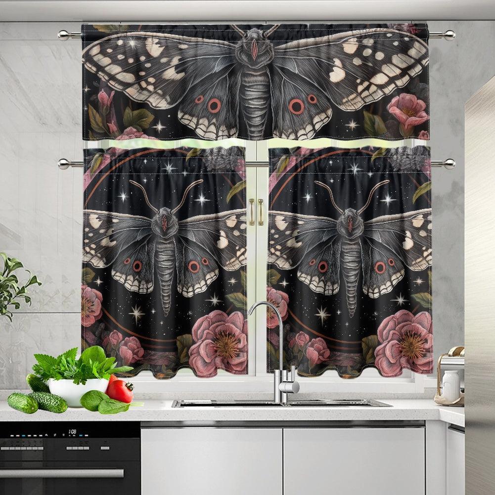 Whimsical Moth Peony Kitchen Curtain Valance and Tiers Set | Sense Forest - sense forest