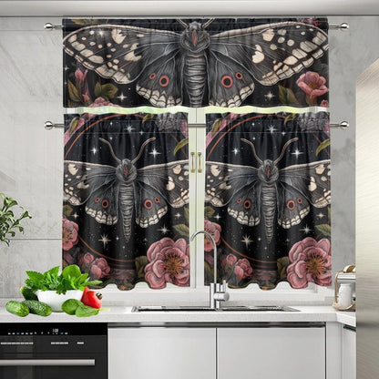 Whimsical Moth Peony Kitchen Curtain Valance and Tiers Set | Sense Forest - sense forest