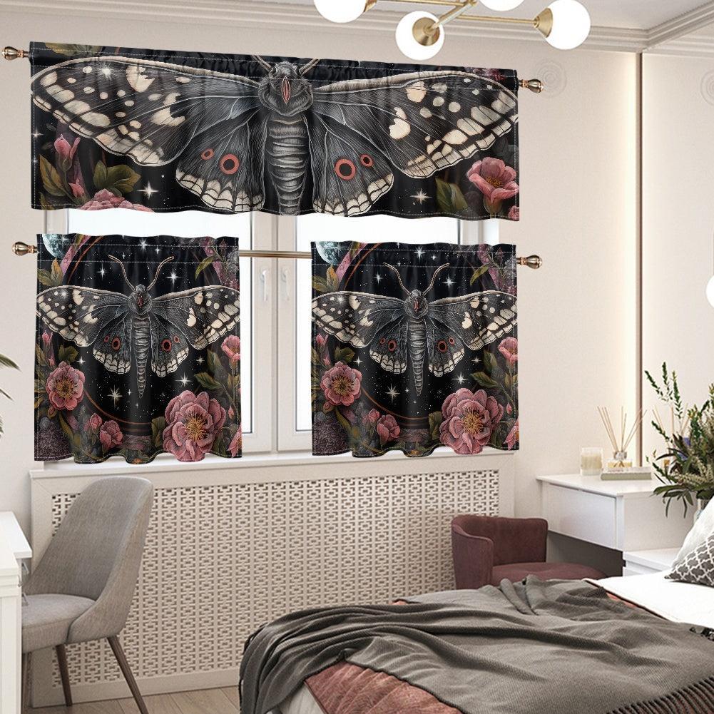 Whimsical Moth Peony Kitchen Curtain Valance and Tiers Set | Sense Forest - sense forest